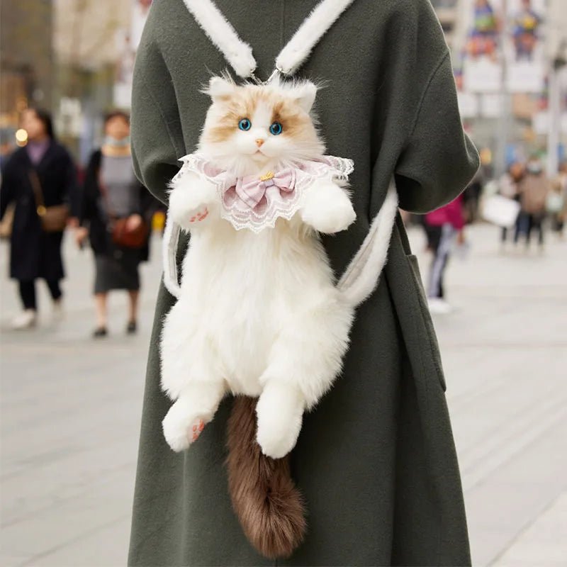 Ragdoll Cat Backpack styled in a public setting